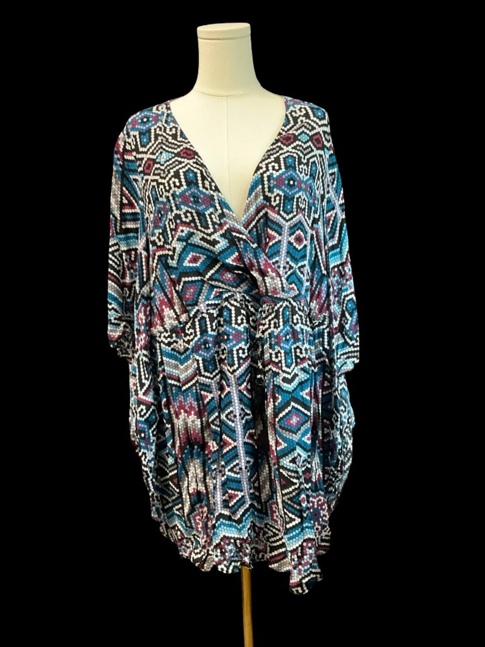 Multicolored Honeycomb Tribal Print Blouse w/ Butterfly Sleeves